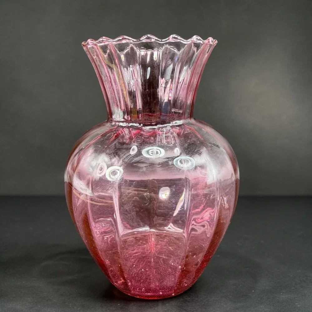 Vintage Pilgrim Glass Cranberry Pink Hand Blown Glass Vase Optic Rib Ruffled Rim